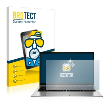 Front side of a product packaging with the brand logo BROTECT. Next to it is the device HP EliteBook 855 G7 Non-Touch shown wi