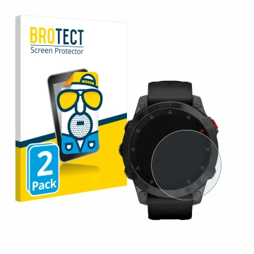 Front side of a product packaging with the brand logo BROTECT. Next to it is the device Garmin epix (Gen. 2) shown with the co