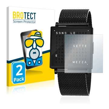 Front side of a product packaging with the brand logo BROTECT. Next to it is the device Qlocktwo W35 shown with the correspond