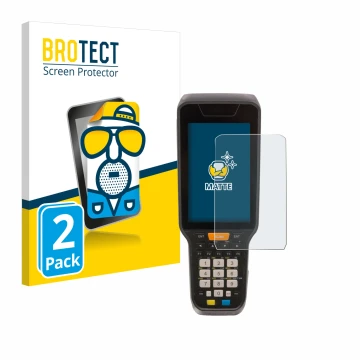 Front side of a product packaging with the brand logo BROTECT. Next to it is the device Datalogic Skorpio X5 shown with the co