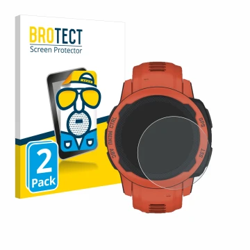 Front side of a product packaging with the brand logo BROTECT. Next to it is the device Garmin Instinct 2S shown with the corr