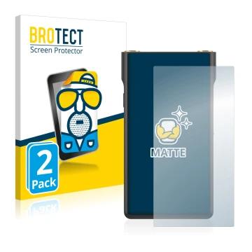 Front side of a product packaging with the brand logo BROTECT. Next to it is the device Sony Walkman NW-WM1AM2 shown with the 