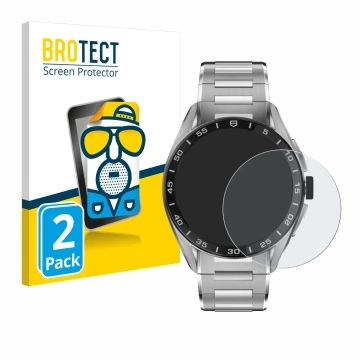 Front side of a product packaging with the brand logo BROTECT. Next to it is the device TAG Heuer Connected Calibre E4 (45 mm)