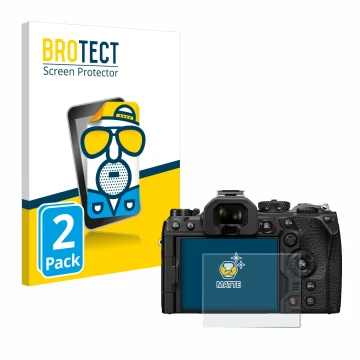 Front side of a product packaging with the brand logo BROTECT. Next to it is the device Olympus OM-1 2022 shown with the corre