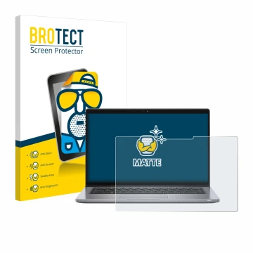 Front side of a product packaging with the brand logo BROTECT. Next to it is the device Dell Latitude 7320 2-in-1 shown with t