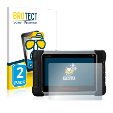 Front side of a product packaging with the brand logo BROTECT. Next to it is the device Autel MaxiPRO MP808TS shown with the c