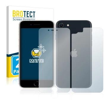 Front side of a product packaging with the brand logo BROTECT. Next to it is the device Apple iPhone SE 3 2022 (Front+Back) sh