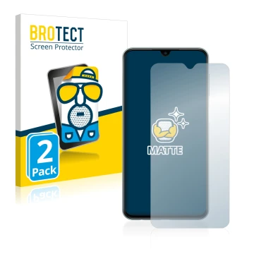 Front side of a product packaging with the brand logo BROTECT. Next to it is the device Samsung Galaxy M23 shown with the corr