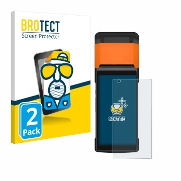 Front side of a product packaging with the brand logo BROTECT. Next to it is the device Sunmi V2s shown with the corresponding