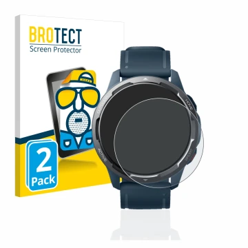 Front side of a product packaging with the brand logo BROTECT. Next to it is the device Xiaomi Watch S1 Active shown with the 