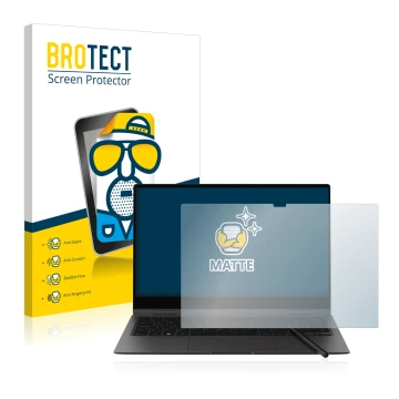 Front side of a product packaging with the brand logo BROTECT. Next to it is the device Samsung Galaxy Book2 Pro 360 13.3