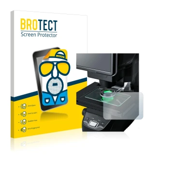 Front side of a product packaging with the brand logo BROTECT. Next to it is the device Keyence IM-7030 Glass plate shown with