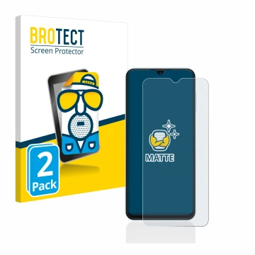 Front side of a product packaging with the brand logo BROTECT. Next to it is the device Samsung Galaxy A13 shown with the corr