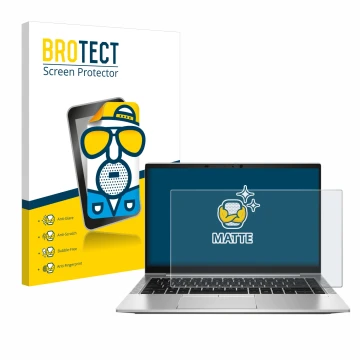 Front side of a product packaging with the brand logo BROTECT. Next to it is the device HP EliteBook 845 G8 shown with the cor
