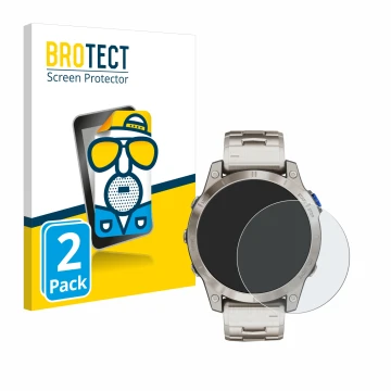 Front side of a product packaging with the brand logo BROTECT. Next to it is the device Garmin D2 Mach 1 shown with the corres