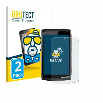 Front side of a product packaging with the brand logo BROTECT. Next to it is the device Crosscall Core T5 shown with the corre