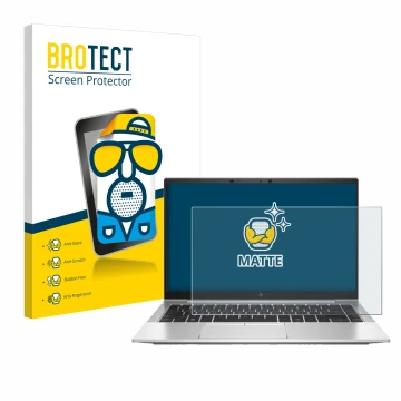 Front side of a product packaging with the brand logo BROTECT. Next to it is the device HP EliteBook 845 G7 shown with the cor