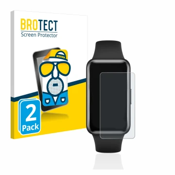 Front side of a product packaging with the brand logo BROTECT. Next to it is the device Huawei Band 7 shown with the correspon