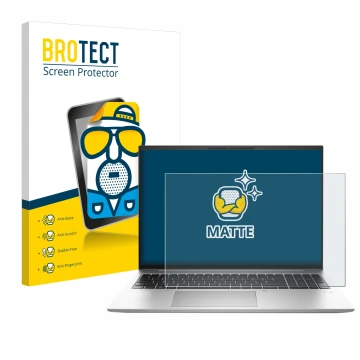 Front side of a product packaging with the brand logo BROTECT. Next to it is the device HP EliteBook 840 G9 shown with the cor