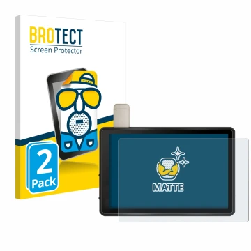 Front side of a product packaging with the brand logo BROTECT. Next to it is the device Garmin Tread Overland Edition 8