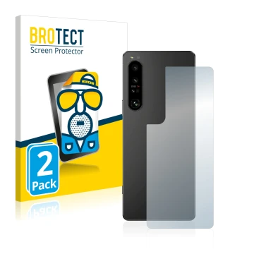 Front side of a product packaging with the brand logo BROTECT. Next to it is the device Sony Xperia 1 IV (Back) shown with the