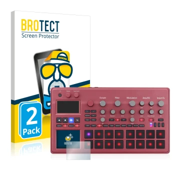 Front side of a product packaging with the brand logo BROTECT. Next to it is the device KORG electribe Sampler shown with the 