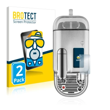 Front side of a product packaging with the brand logo BROTECT. Next to it is the device Sage Nespresso Creatista Pro shown wit