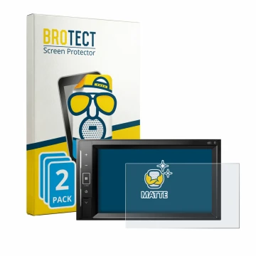 Front side of a product packaging with the brand logo BROTECT. Next to it is the device Pioneer AVH-A240DAB shown with the cor