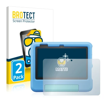 Front side of a product packaging with the brand logo BROTECT. Next to it is the device Amazon Fire 7 Kids 2022 shown with the