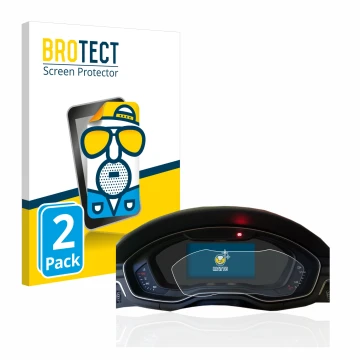 Front side of a product packaging with the brand logo BROTECT. Next to it is the device Audi A4 B9 2017 Virtual Cockpit shown 