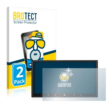 Front side of a product packaging with the brand logo BROTECT. Next to it is the device Alpine iLX-W690D shown with the corres