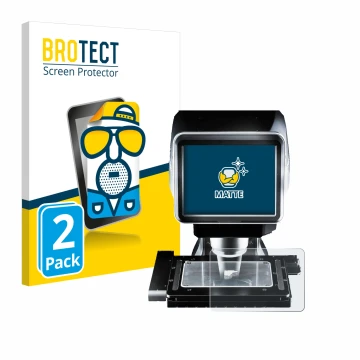 Front side of a product packaging with the brand logo BROTECT. Next to it is the device Keyence LM-1100 Glass plate shown with