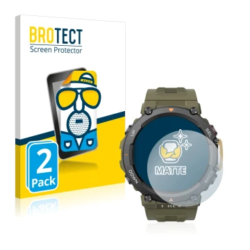 Front side of a product packaging with the brand logo BROTECT. Next to it is the device Huami Amazfit T-Rex 2 shown with the c
