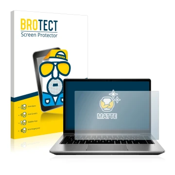 Front side of a product packaging with the brand logo BROTECT. Next to it is the device HP ProBook 640 G8 shown with the corre