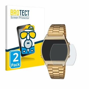 Front side of a product packaging with the brand logo BROTECT. Next to it is the device Casio Retro B640WB shown with the corr