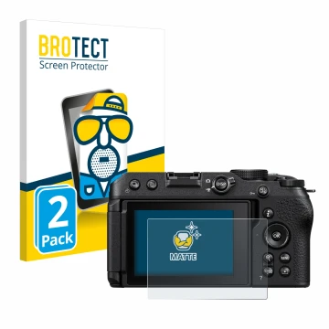 Front side of a product packaging with the brand logo BROTECT. Next to it is the device Nikon Z 30 shown with the correspondin