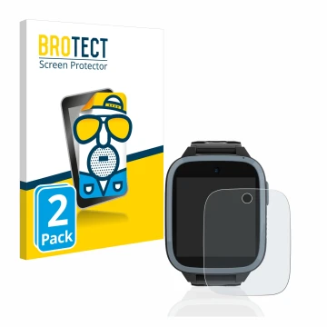 Front side of a product packaging with the brand logo BROTECT. Next to it is the device Xplora XGO3 (1st Gen.) shown with the 
