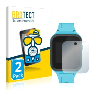 Front side of a product packaging with the brand logo BROTECT. Next to it is the device TCL Movetime Family Watch MT40 shown w