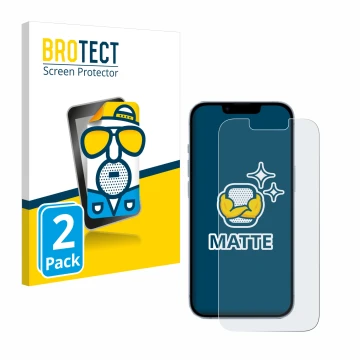 Front side of a product packaging with the brand logo BROTECT. Next to it is the device Apple iPhone 14 shown with the corresp