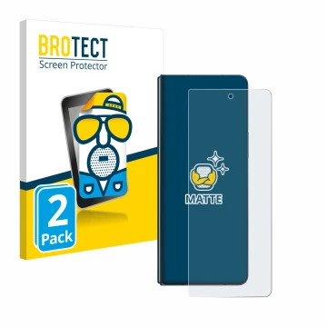 Front side of a product packaging with the brand logo BROTECT. Next to it is the device Samsung Galaxy Z Fold 4 shown with the