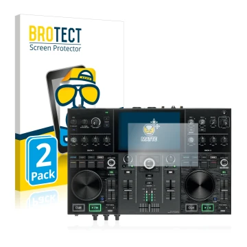 Front side of a product packaging with the brand logo BROTECT. Next to it is the device Denon DJ Prime Go shown with the corre