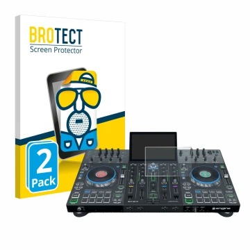Front side of a product packaging with the brand logo BROTECT. Next to it is the device Denon DJ Prime 4 shown with the corres