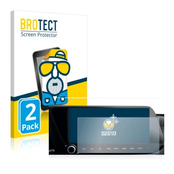 Front side of a product packaging with the brand logo BROTECT. Next to it is the device Hyundai i20 2022 Infotainment System 1