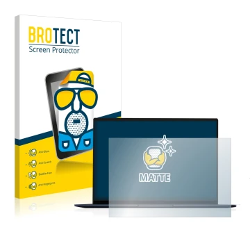 Front side of a product packaging with the brand logo BROTECT. Next to it is the device ASUS ZenBook 14 OLED shown with the co