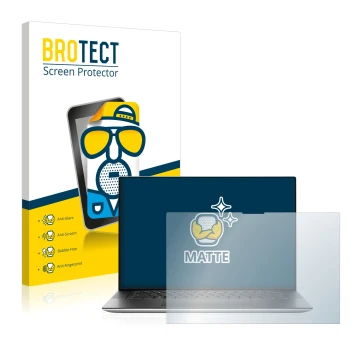 Front side of a product packaging with the brand logo BROTECT. Next to it is the device Dell XPS 15 9520 Touch shown with the 
