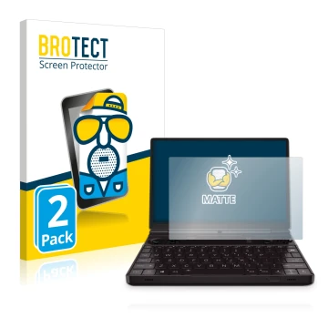 Front side of a product packaging with the brand logo BROTECT. Next to it is the device GPD Win Max 2 shown with the correspon