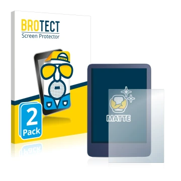 Front side of a product packaging with the brand logo BROTECT. Next to it is the device Amazon Kindle Reader 2022 shown with t