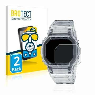 Front side of a product packaging with the brand logo BROTECT. Next to it is the device Casio G-Shock DW-5600SKE-7 shown with 