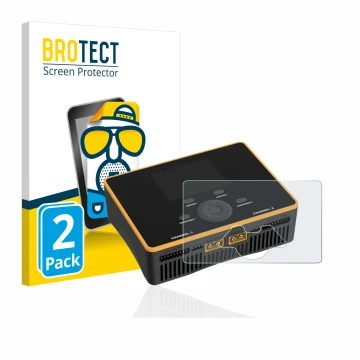 Front side of a product packaging with the brand logo BROTECT. Next to it is the device Junsi iCharger DX8 Duo shown with the 