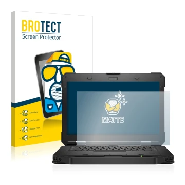 Front side of a product packaging with the brand logo BROTECT. Next to it is the device Dell Latitude 5430 Rugged shown with t
